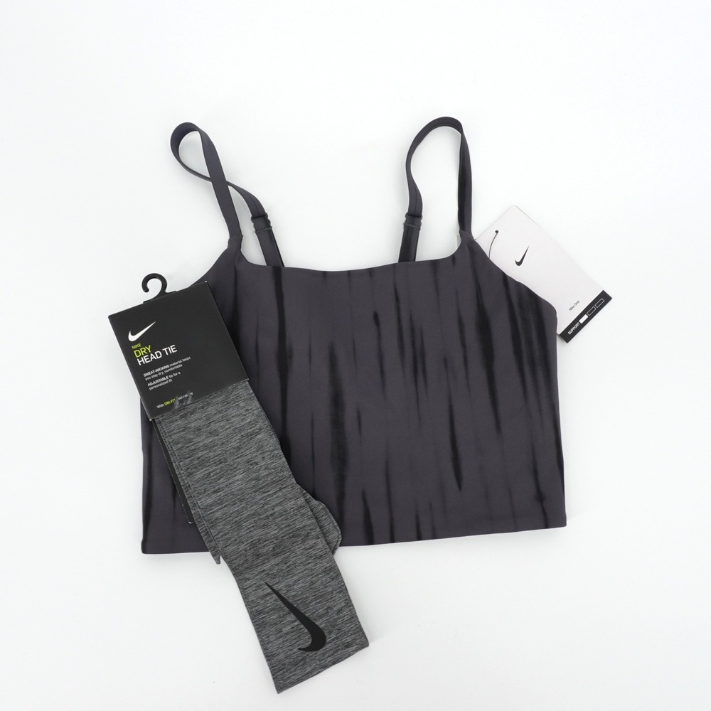 Nike One Dri-FIT Tie Dye Longline Sports Bra & Dry Head Tie SET Charcoal XS NEW